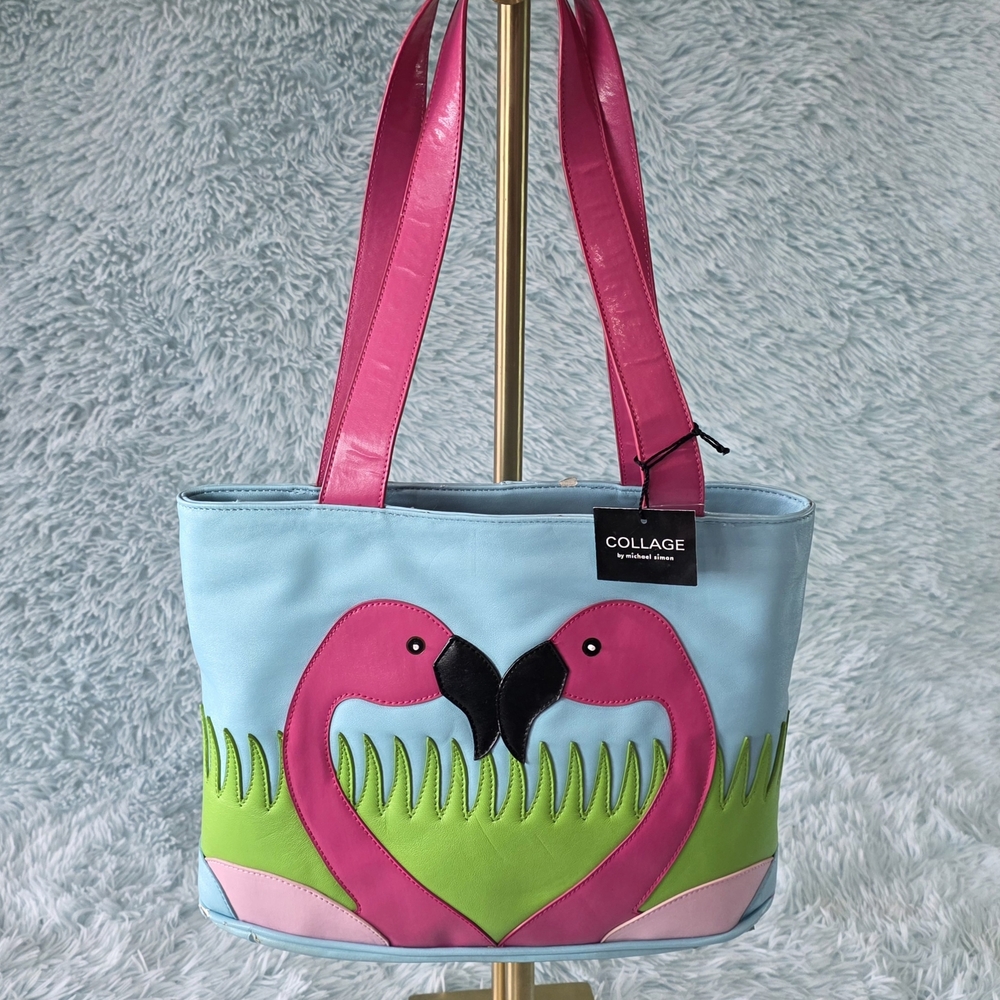 Collage by Michael Simon Flamingo Heart Tote Bag - Light Blue & Pink
